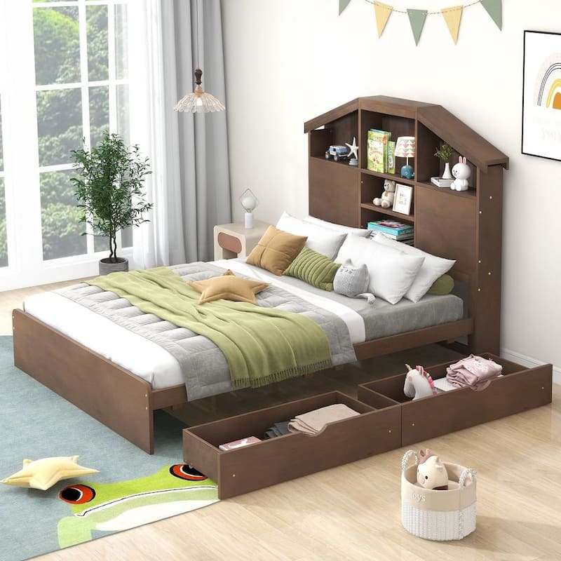 Full Size Wood Platform Bed with House-shaped Storage Headboard and 2 Drawers - Walnut