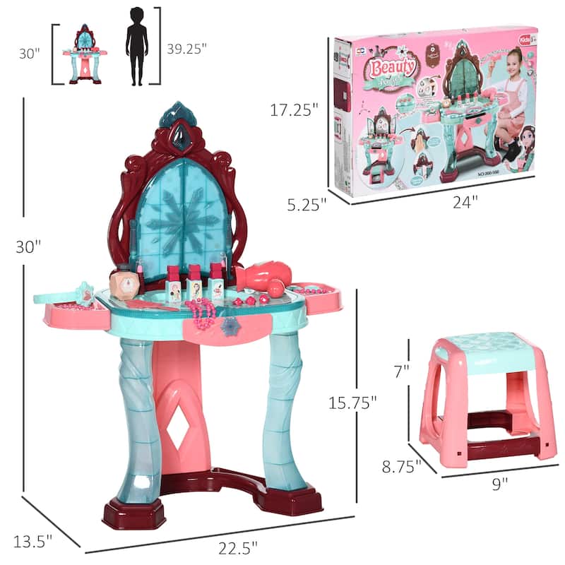 Qaba Self-Opening Mirror Design Kids Vanity Makeup Table Set with Chair and 31-Piece Collection, Imaginative Toy