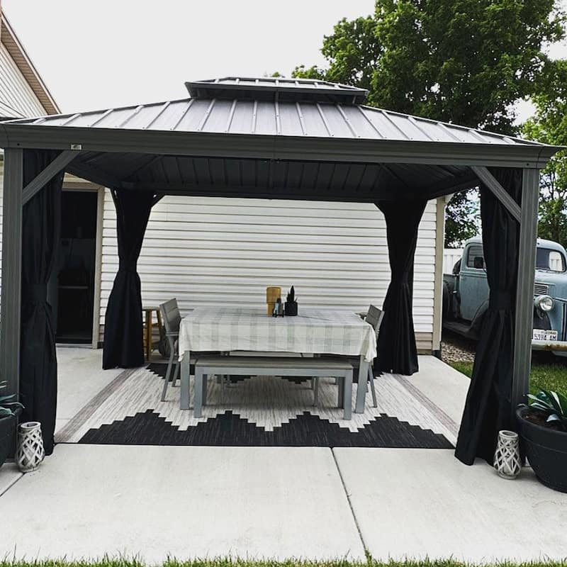 PURPLE LEAF Patio Gazebo for Backyard Hardtop Galvanized Steel Frame with Upgrade Curtain and Light - Light Grey