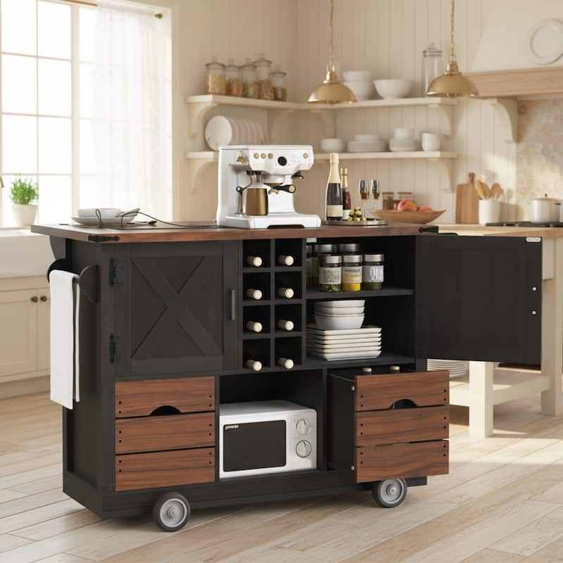 Farmhouse Kitchen Island with Drop Leaf, Power Outlet, Kitchen Storage Cart with 2 Doors, 2 Drawers - Black