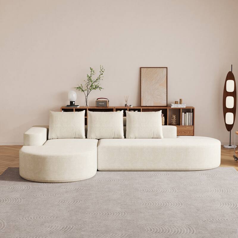 L Shaped Modular Curved Sectional Sofa, Chenille Upholstered 3 Seat Sofa, Corner Sofa with 3 Pillows for Living Room, Bedroom