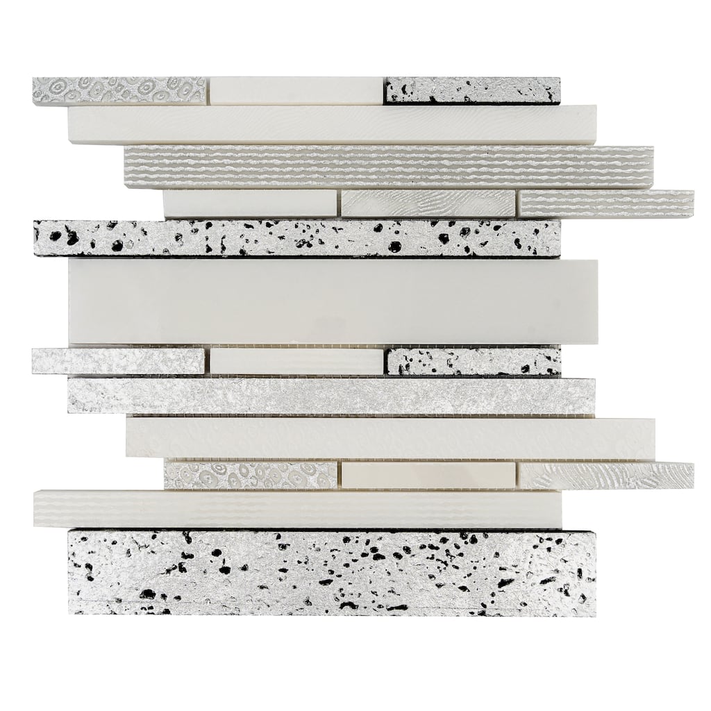 Artisana 12x12 in. White Silver Textured, Foiled Stone Linear Stack Mosaic Wall and Floor Tile (4.83 sq ft/case, 5-Pack)