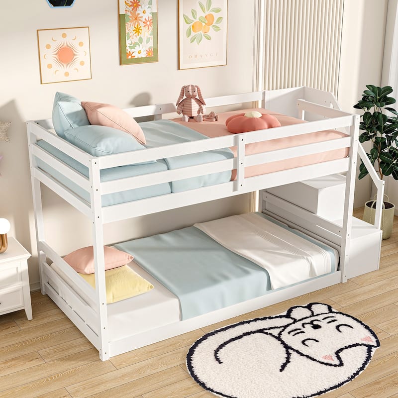 Twin Over Twin Low Bunk Bed with Storage Stairs, Floor Bunk Bed Frame