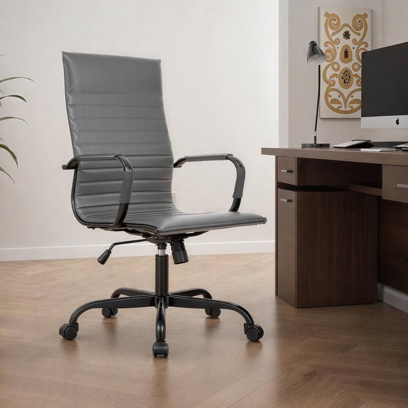 Harris Ribbed Leather Adjustable High-Back Computer Desk Office Swivel Chair in Black Metal Frame for Home Conference