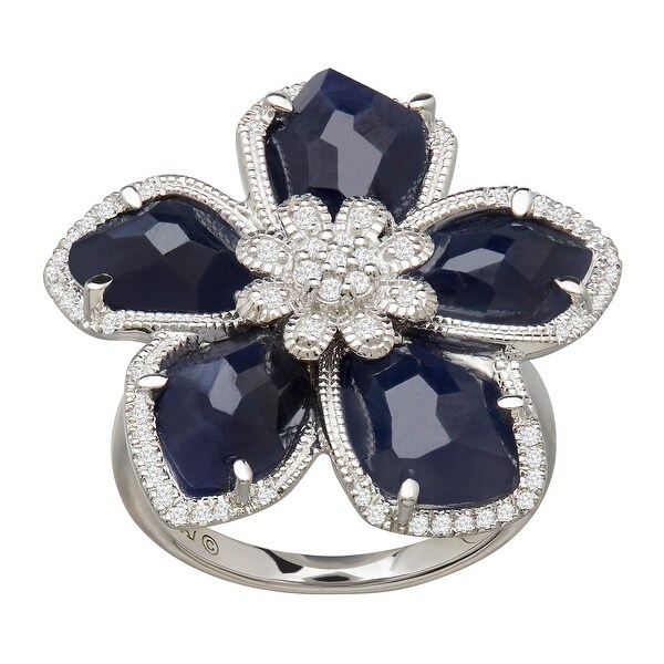 8 ct Natural Sapphire & 1/4 ct Diamond Flower Ring in Sterling Silver - Blue