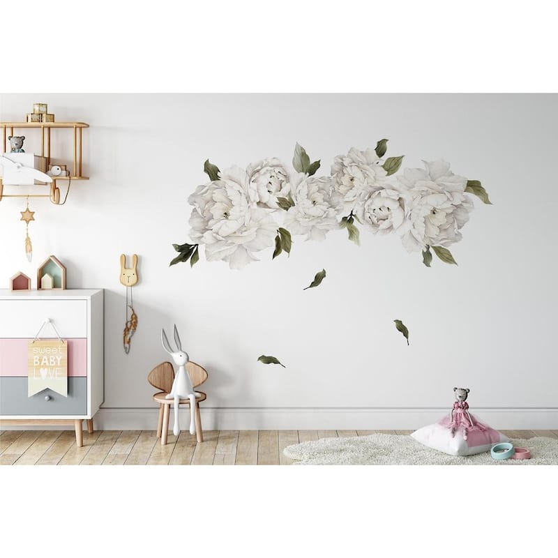 White Peony Flowers Removable Floral Wall Decal Set