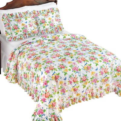Birds & Butterflies Floral Plisse Bedspread with Ruffled Trim