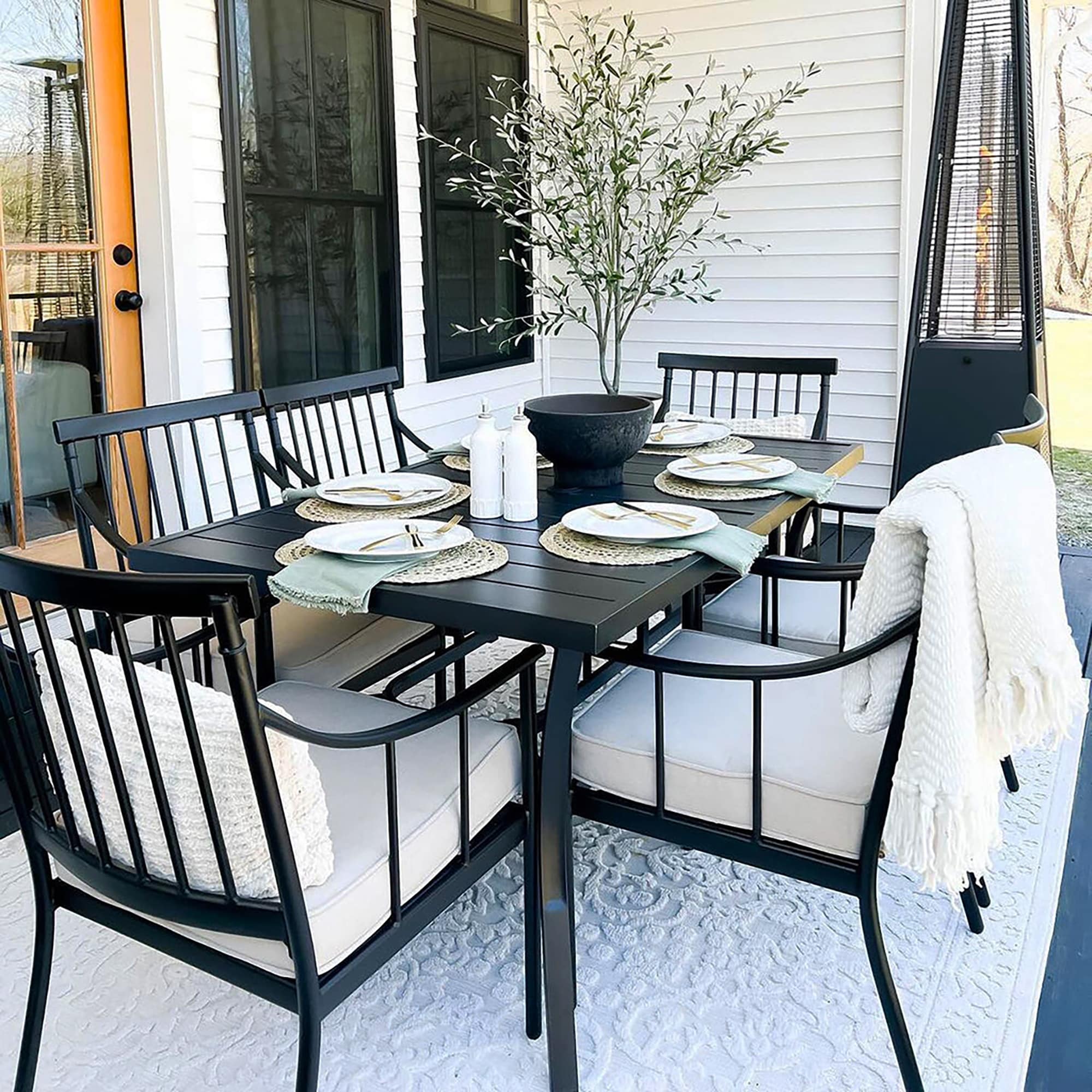 MAISON ARTS 7 Pieces Patio Dining Set Steel Panel Table & 6 Dining Arm Chairs