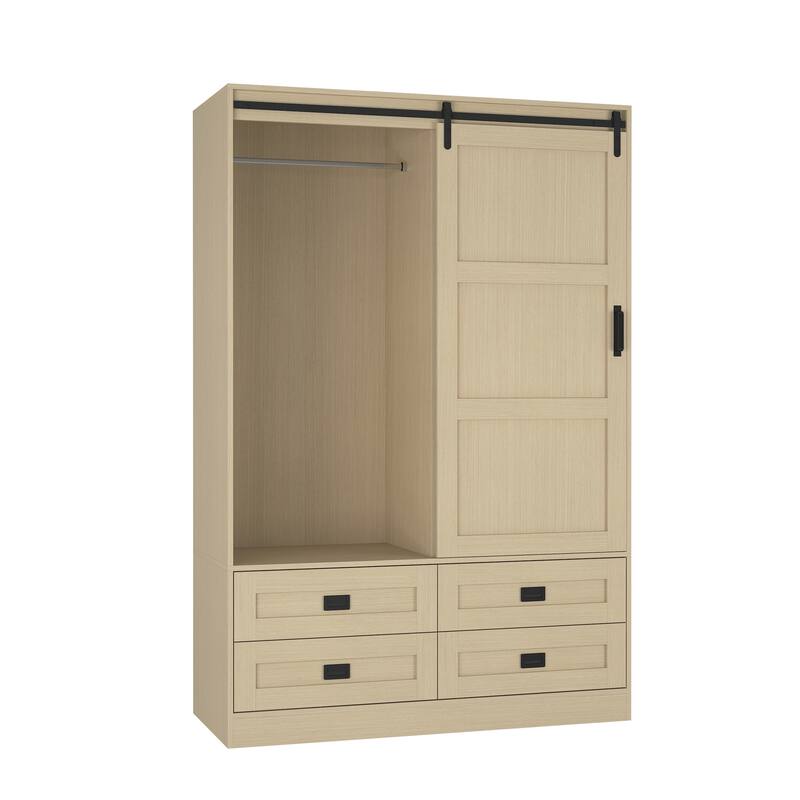 Classic Sliding Barn Door Wardrobe Bedroom Armoire Closet Clothing Storage Cabinet with Hanging Rod, Drawers & Open Shelves