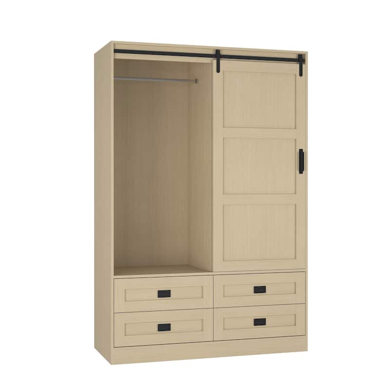 Tall Armoire Wardrobe - Barn Door, Hanging Rod, Drawers & Open Shelves, Clothing Storage Cabinet for Bedroom