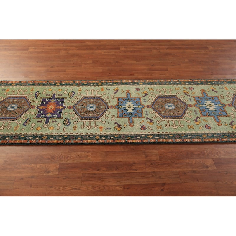 Light Green Khotan Indian Runner Rug Handmade Wool Carpet - 2'5"x 9'10"