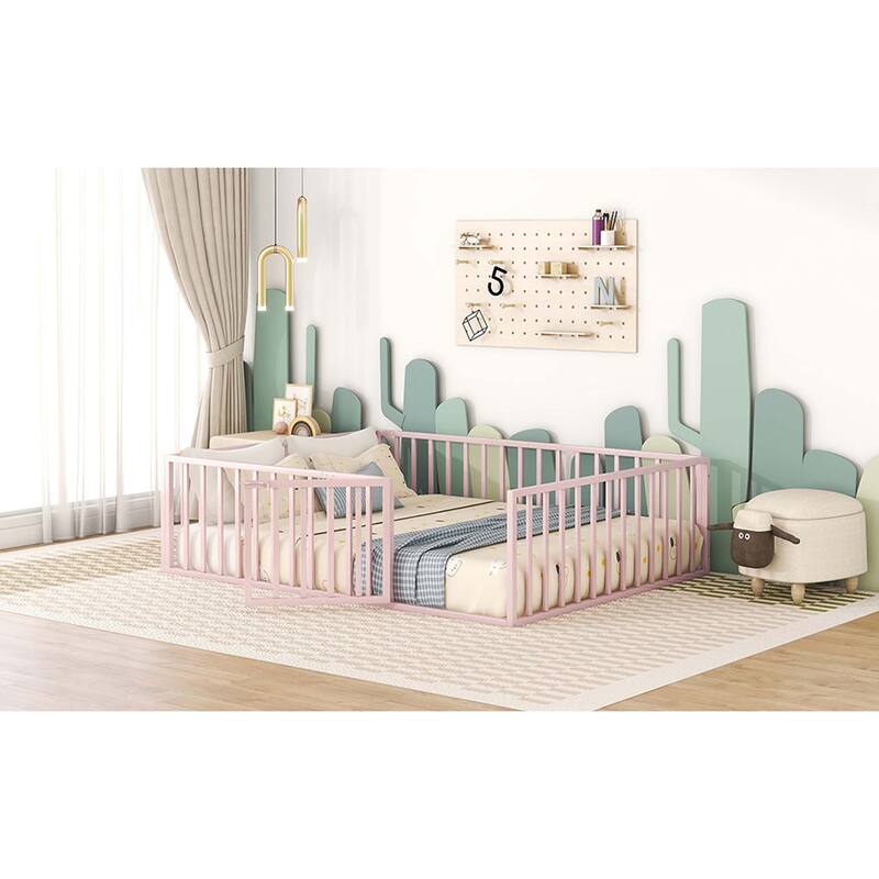 Metal Floor Bed Frame with Fence & Door