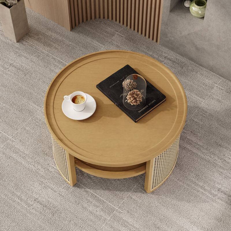 2-Tiered Round Coffee Table with Curved-Edge Top & Rattan Base, Boho Wood Center Table with Storage Shelf for Living Room