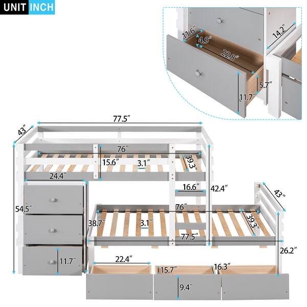 Twin Over Twin Low Bunk Bed with Storage Drawers & Ladder, Grey
