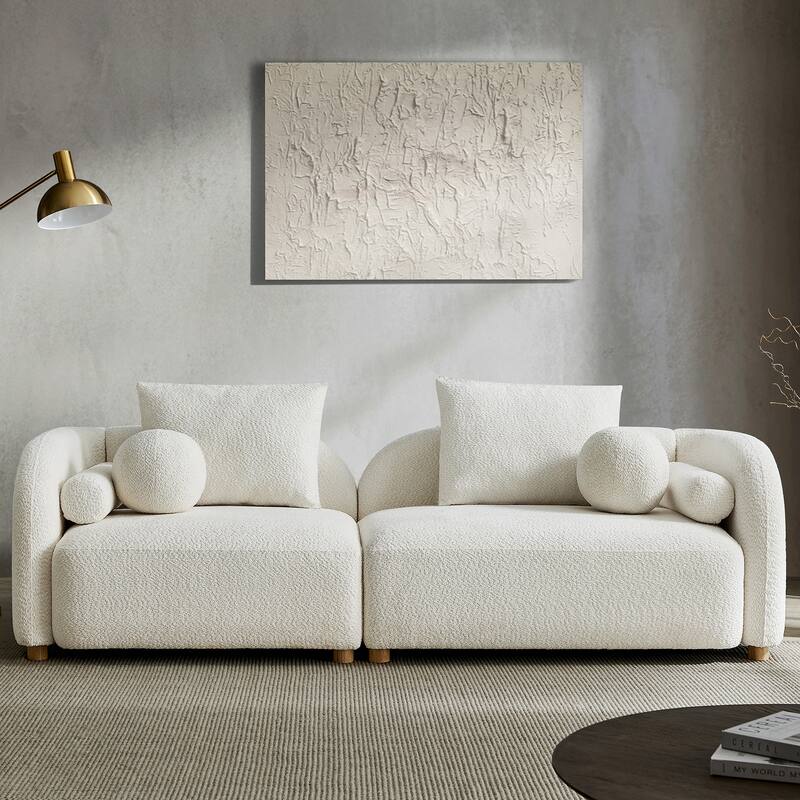 91" L-Shaped Sectional Sofa, Modular Curved Back Sofa with Movable Ottoman and 6 Pillows