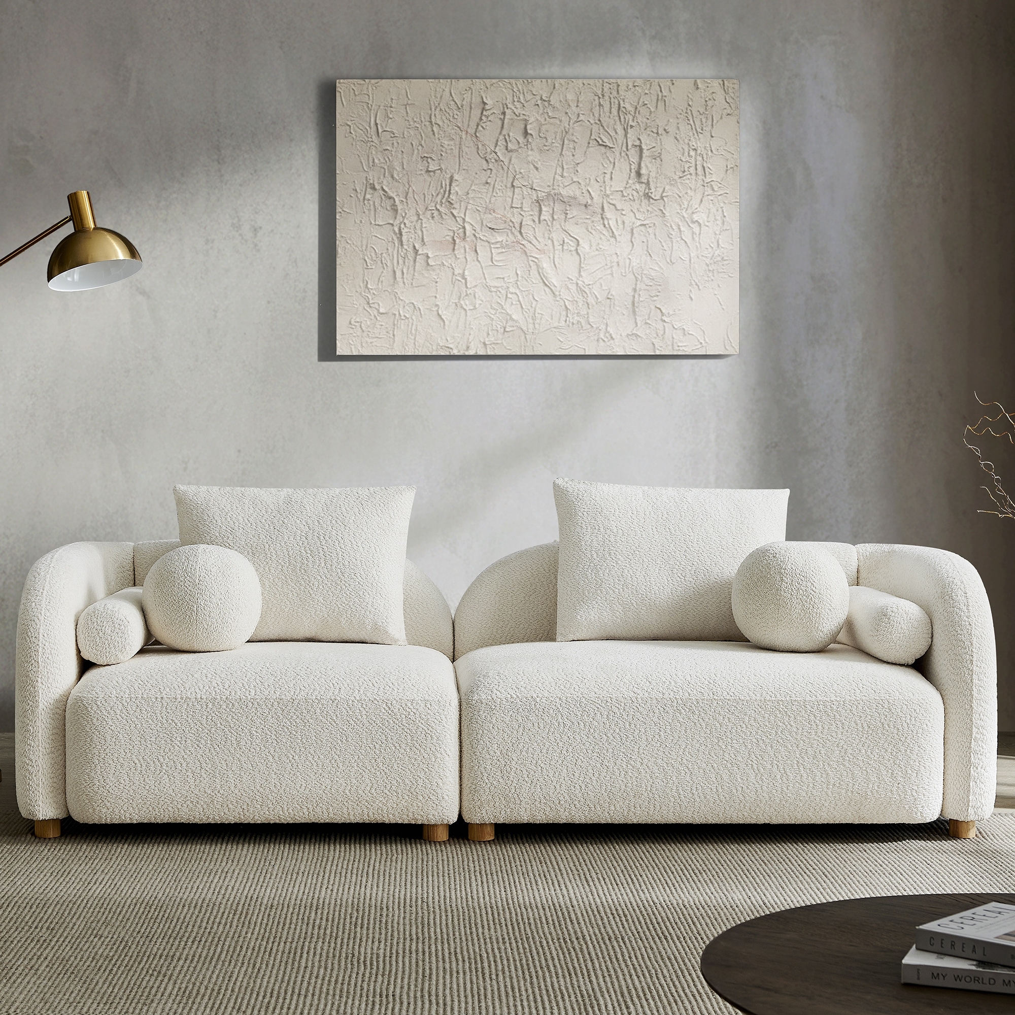 Mordern Cloud-Soft Boucle Sofa, Curved Back Boucle Loveseat with 6 Pillows