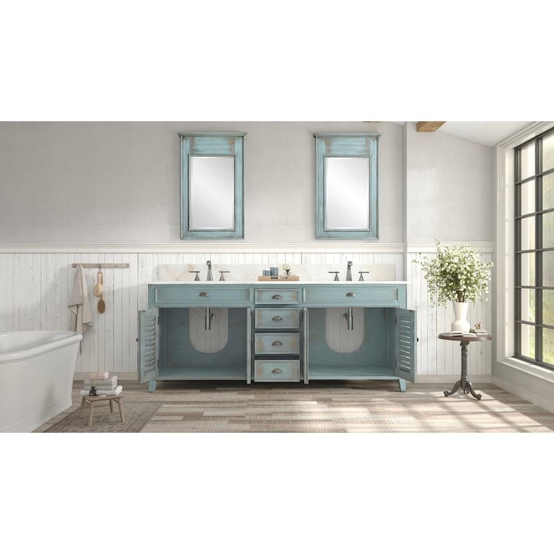 72 Inch Abbeville Double Sink Bathroom Vanity - Distressed Blue Farmhouse Style