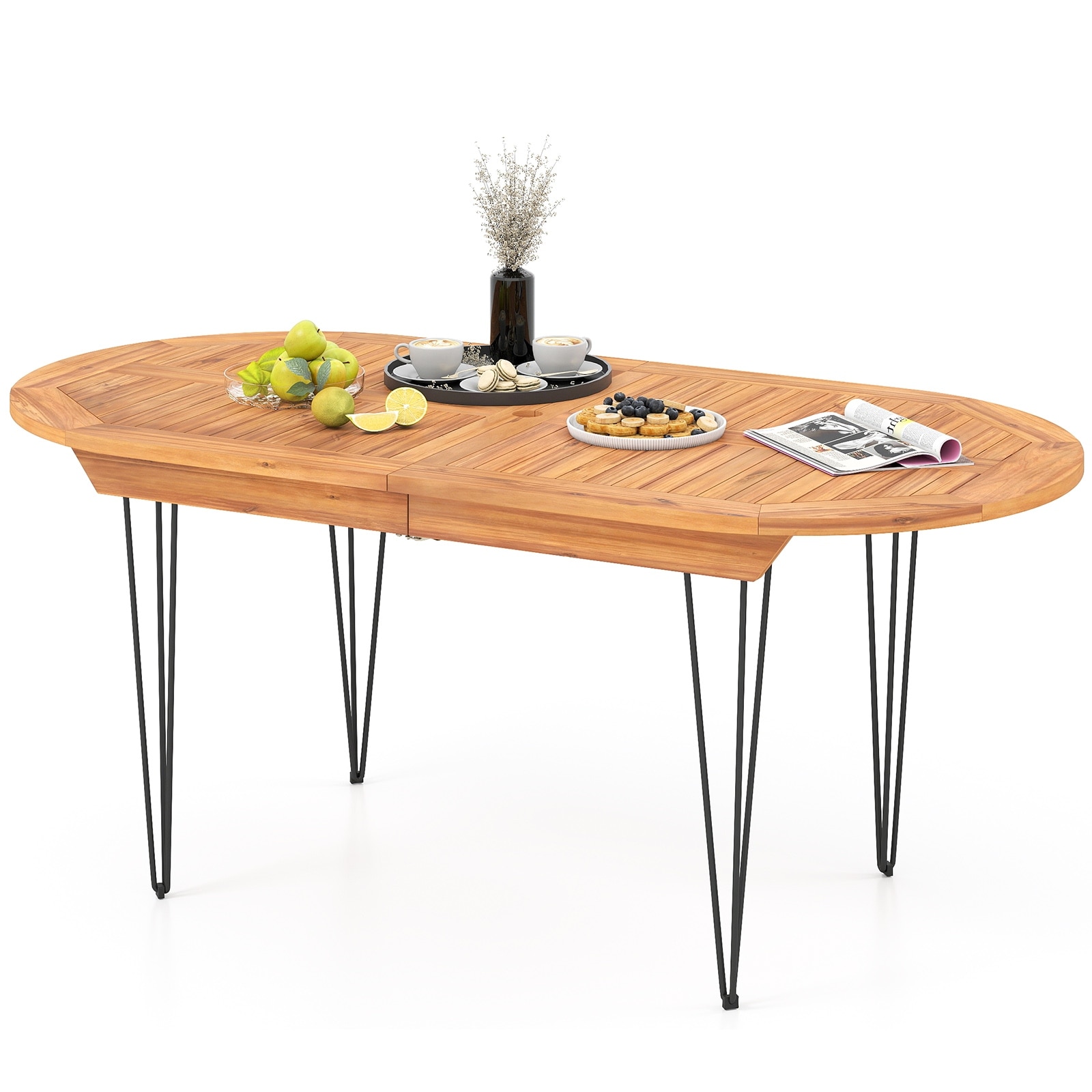 Gymax 71'' Patio Dining Table 6 Person Large Oval Table w/ Teak Wood