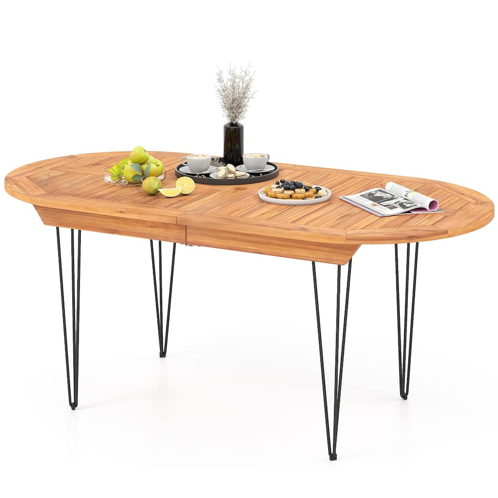 Gymax 71'' Patio Dining Table 6 Person Large Oval Table w/ Teak Wood
