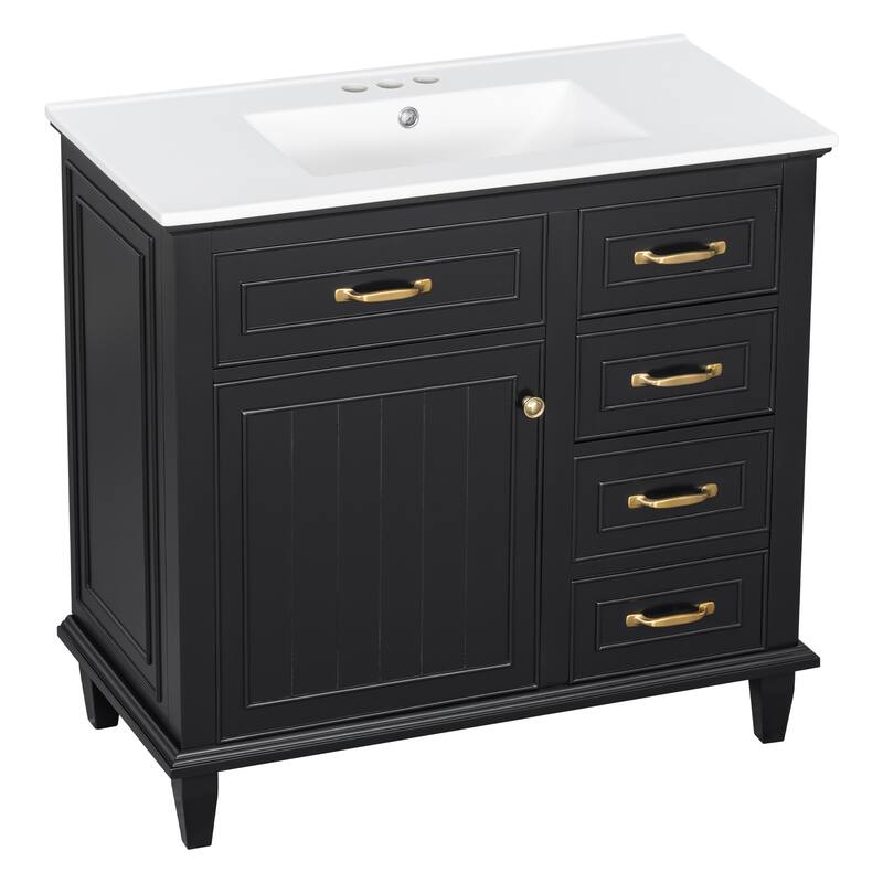 36 Inch Bathroom Vanity with Ceramic Sink Top, Solid Wood Frame, MDF & Poplar Cabinet, Flip Drawers, Adjustable Shelf