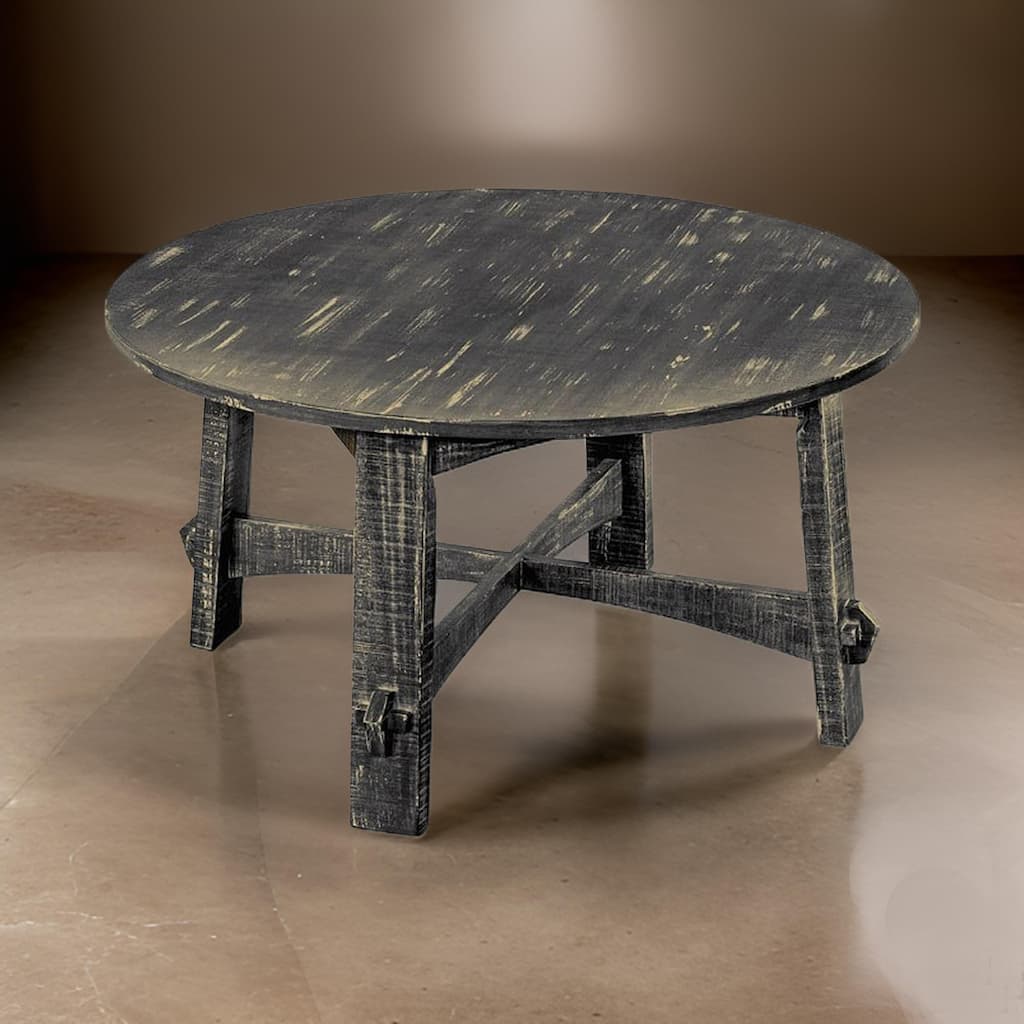 Rena Coffee Table, 36 Inch Round Top, Distressed Rustic Black Wood