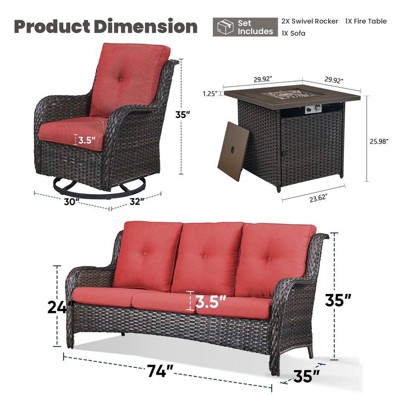Gymojoy 4-Piece Outdoor Wicker Patio Furniture with Fire Pit Table, Rattan Coversation Set with Water Resistant Thick Cushions