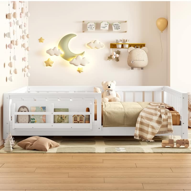 Low Profile Montessori Bed Floor Platform Bed with Fence and Bookshelf