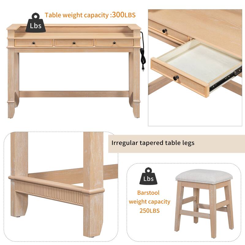 4-Piece Bar Dining Table Set with Stools & 3 Storage Drawers, Counter Height Kitchen Table Set with USB Charging Ports