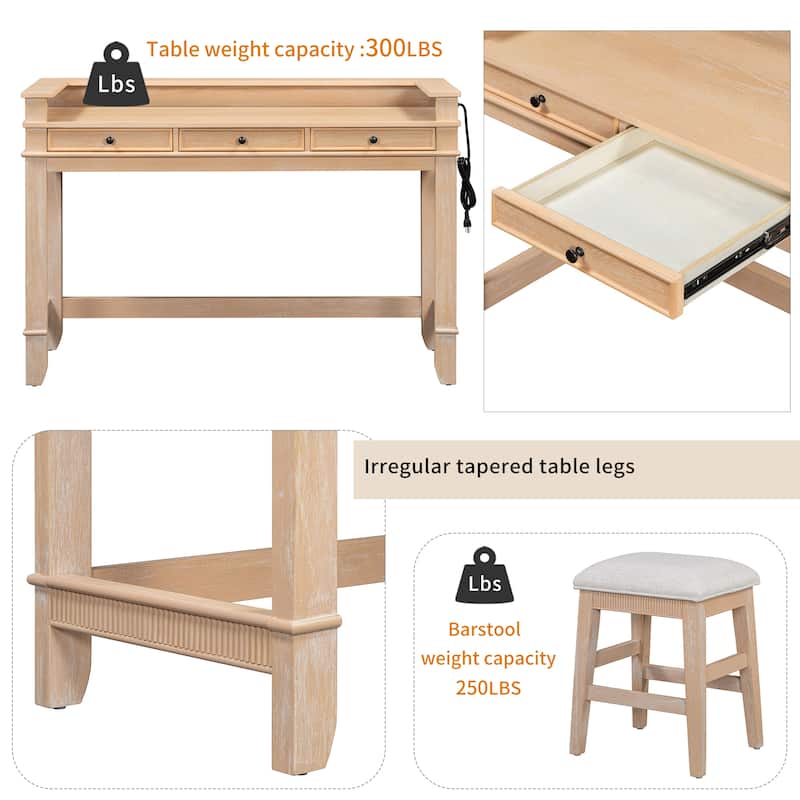 4-Piece Dining Table Set for 3, Retro Kitchen Table and Chairs Set with 3 Storage Drawers