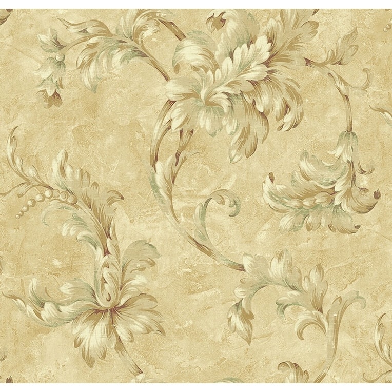 Seabrook Design Apollo Leaf Scroll Unpasted Wallpaper - 20.5 in W x 33 ft. L - Metallic Khaki & Seafoam