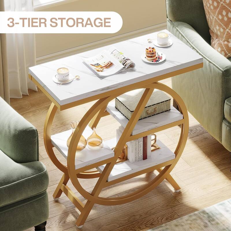 25.59 Inches 3-Tier Narrow End Table with Storage - Engineered Wood Side Table Sofa Side Table with Metal Frame