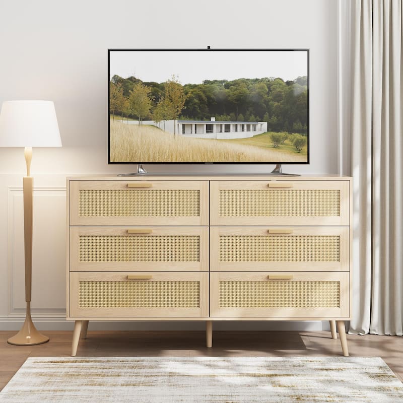 6 Drawer Rattan Double Dresser, Wooden Storage Wardrobe Dresser, Decorative Cabinet with Wood Handles and Legs