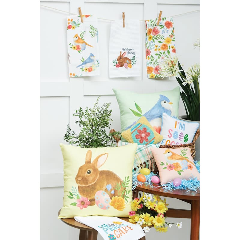 10" x 10" Pink Floral Bird Woven Small/Petite Spring Easter Themed Accent Pillow