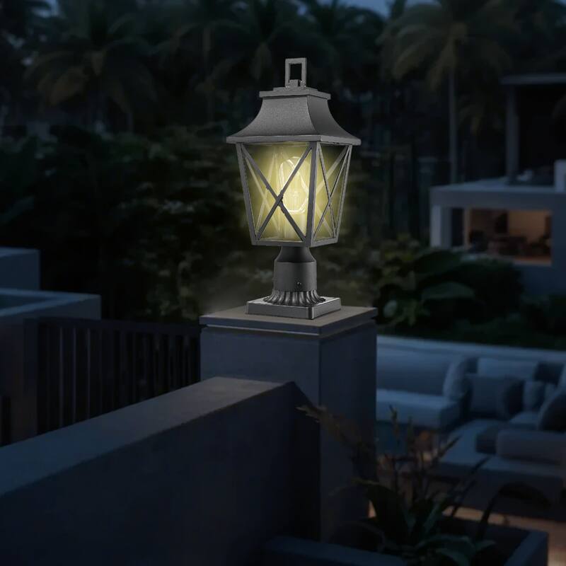 Modern Black Outdoor Post Light Fixture with Pier Mount Base, Outdoor Column Lamp Post Lantern with Glass