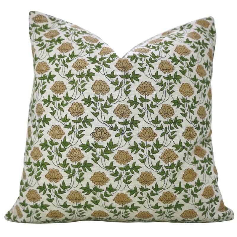 Fabdivine Soft Cotton or Linen Hand Block Print Floral Pillow Cover for Home Décor - Pillow Covers - 26" X 26" - Brown, Green