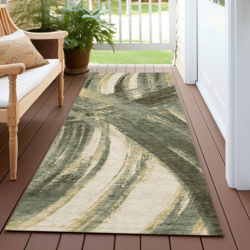 Machine Washable Indoor/ Outdoor Abstract Brushstroke Chantille Rug - Olive - 2'3" x 7'6"