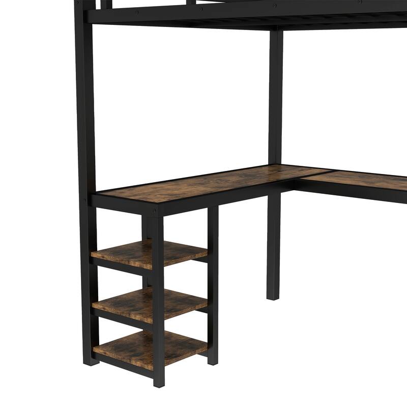 Twin XL Metal Loft Bed with Desk and Shelves, Loft Bed with Ladder and Guardrails, Loft Bed Frame for Bedroom