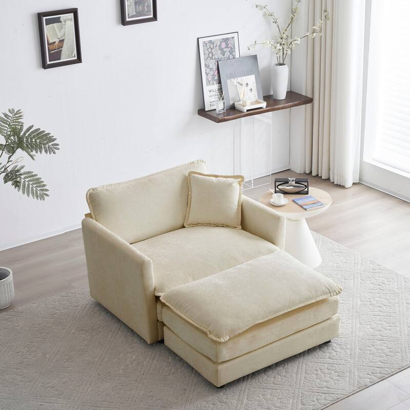 Modern Accent Chair with Ottoman Upholstered Armchair - Beige