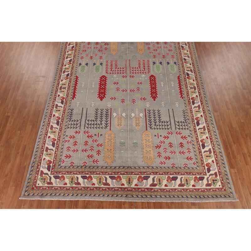 Grey Traditional Kazak Rug Hand-Knotted Wool Carpet - 9'7" x 13'2"