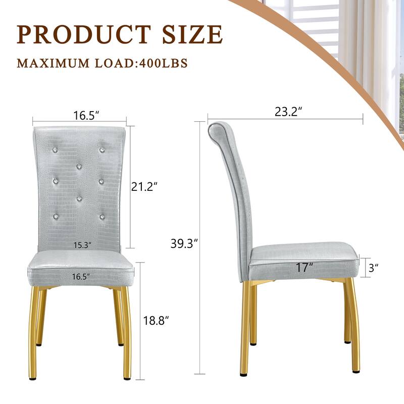 A set of 2 vintage crocodile leather cushioned dining chairs, featuring crystal clasp design and artificial leather design