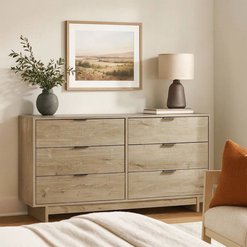 Fervor 59 Inch Dresser, 6 Drawers, Brown Wood Frame, Brushed Nickel Handles