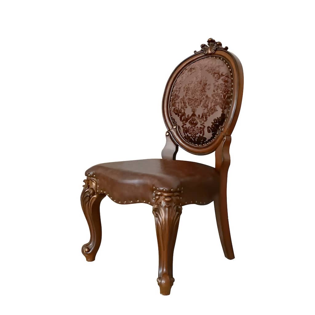 Kai 25 Inch Set of 2 Dining Chair, Scrolled Legs Tufted Faux Leather, Brown
