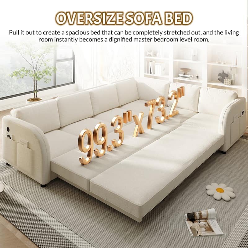 115.2" L-Shaped Teddy Sectional Sofa with Pull-Out Bed