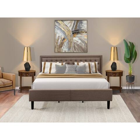 3 Pc Bedroom Set - Platform Bed Frame with Brown Linen Fabric - Button Tufted Headboard- 2 Nightstand (Bed Size Options)