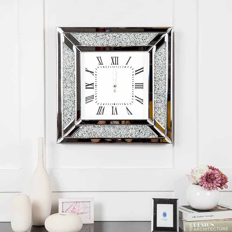 Diamond and Silver Mirrored Square Wall Clock - 19.70" X 19.70" X 1.97" - 19.70" X 19.70" X 1.97"