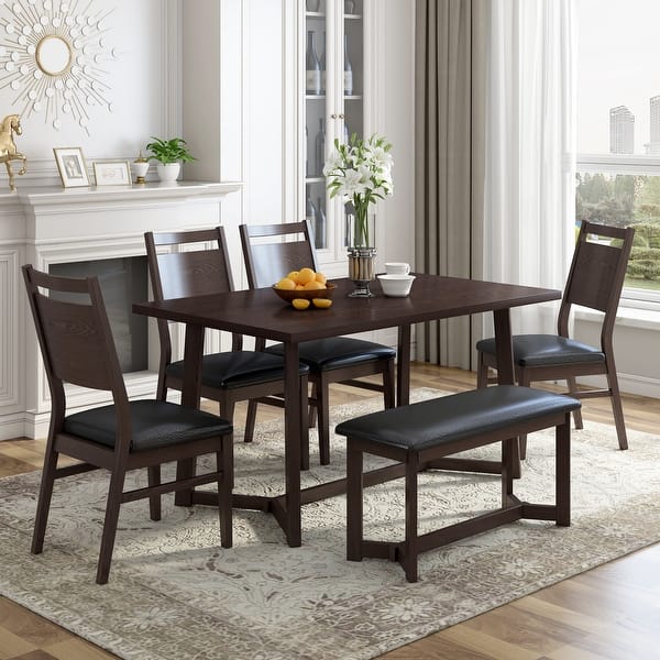 Farmhouse 6Piece Dining Table Set with Upholstered Chairs and Bench