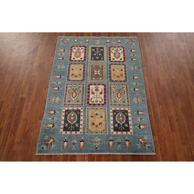 Garden Design Blue Kazak Area Rug Hand-Knotted Wool Carpet - 4'1" x 5'11"