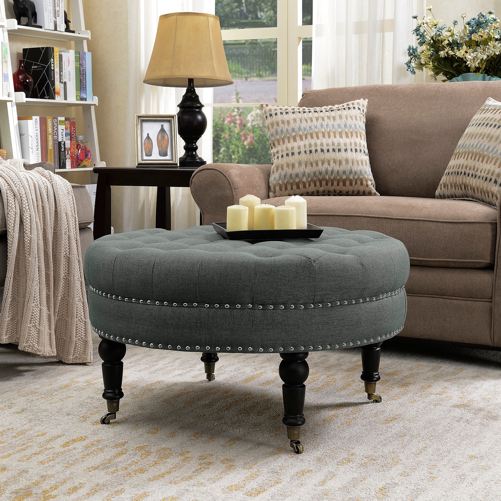 Belleze 33 Inch Round Tufted Linen Ottoman Large Footstool Belleze 33 Inch Round Tufted
