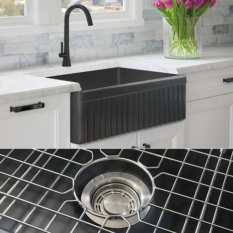 Fossil Blu 33-Inch SOLID Fireclay Farmhouse Sink, Matte Black, Stainless Steel Accessories, Fluted Front - 33 x 20 x 10