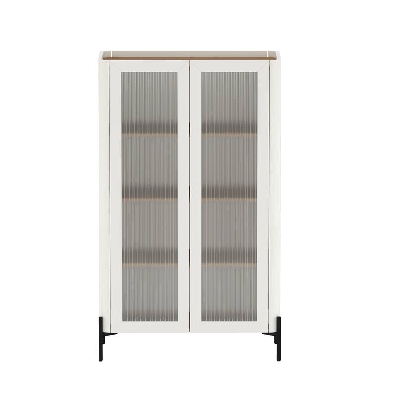 Manhattan Comfort Modern Abbey Décor Ribbed Tempered Glass Cabinet with Adjustable Shelves in White